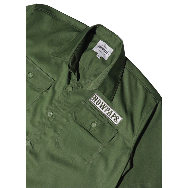 WORKSHIRT SHORT KEMEJA NOWPAPS DRILL GREEN ARMY/KEMEJA KERJA GREEN ARMY NOWPAPS PATCH BORDIR