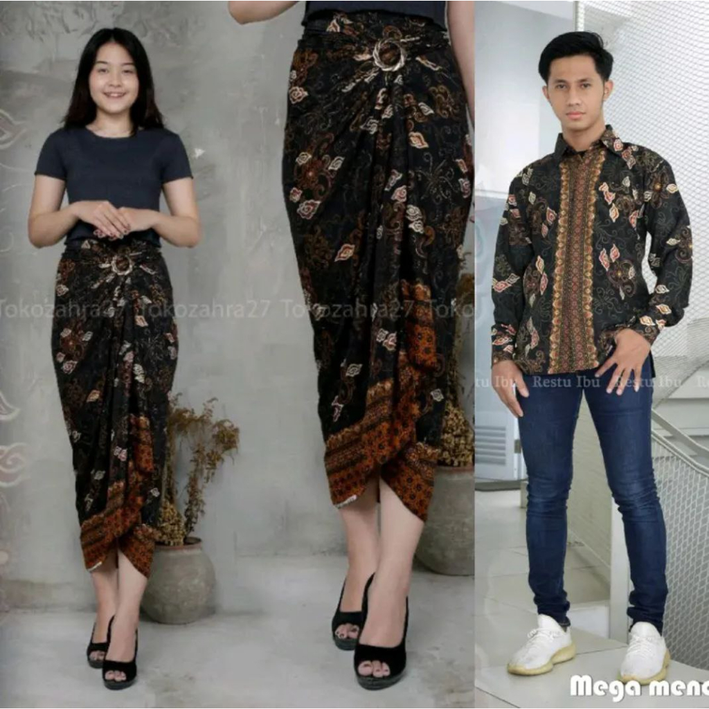 Couple Rok Lilit Dan Kemeja Batik Bahan Premium Tebal Motif Megamendung Gold