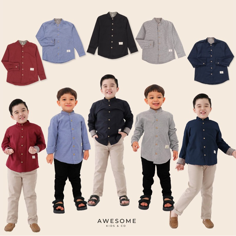 Awesome Kids&Co Ajmal Shirt - Kemeja Koko Baju Muslim anak Lengan Panjang Big Cutting Polos Nyaman 4