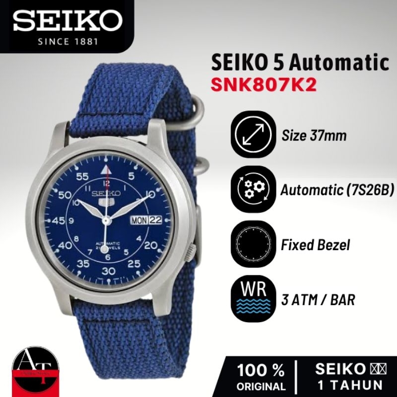 Jam Tangan Automatic Pria Seiko 5 SNK807K2 Day Date Nylon Strap ORIGINAL Resmi