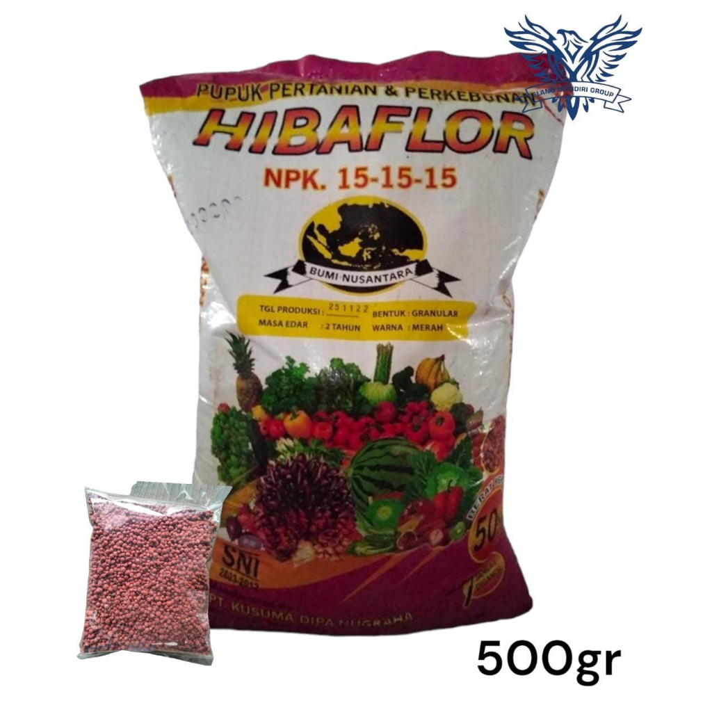 Repack 500gr PUPUK NPK 15 15 15 HIBAFLOR Unsur Hara Utama Nitrogen (N): 15% Fhosphate (P2O5) 15% : Kalium (K20): 15% Bumi Nusantara