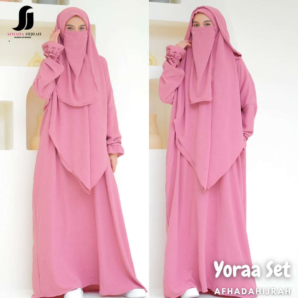 Afhadahijrah - Gamis set cadar Yoraa hoodie hitam crinkle airflow baju dan hijab instan syari free n