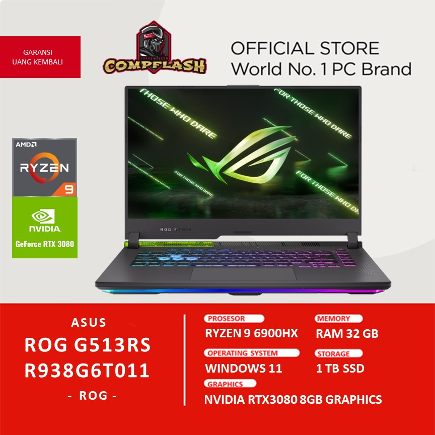 LAPTOP ASUS ROG G513RS R938G6T011 RTX3080 8GB/ RYZEN 9 6900HX RAM 32GB 1TBSSD QHD 165HZ PKRGB CAM MOS