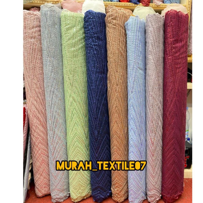 Kain Tile Payet Mutiara/ Bahan kebaya brokat Swarovski payet