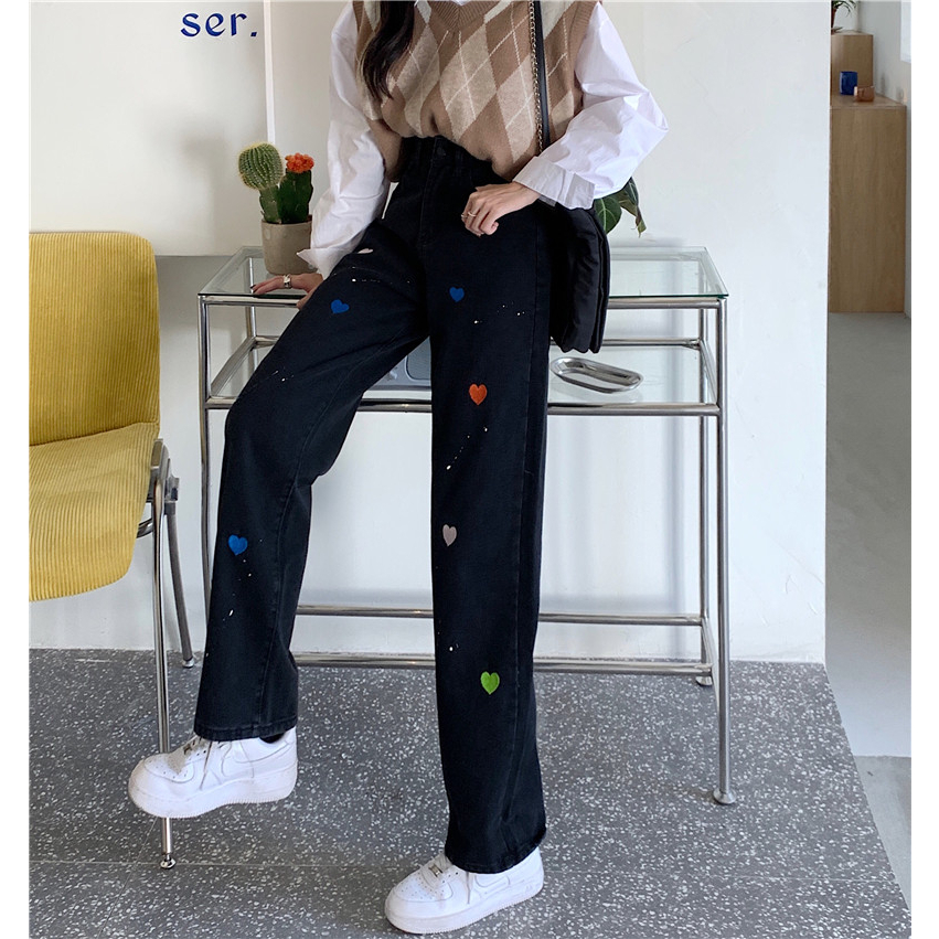 EUNII Korean Style Celana Jeans Wanita Hitam Kekinian Boyfriend Jeans