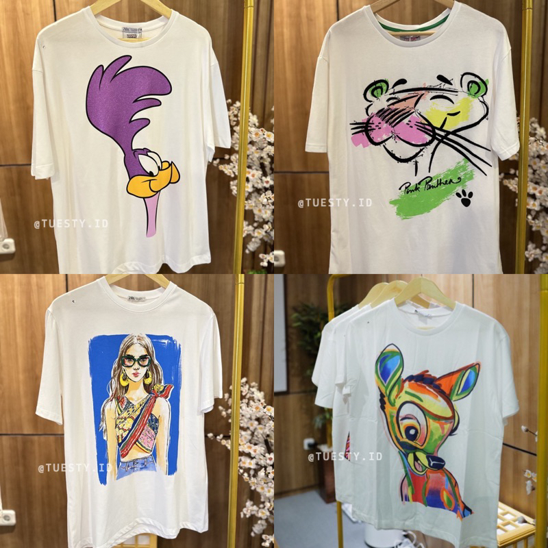 Zara oversize t-shirt - kaos wanita branded import sale disney looney tunes pink panther bambi tshir