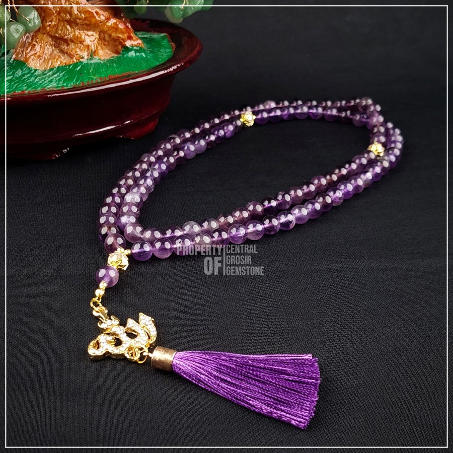 Tasbih Batu Permata Natural Amethyst Quartz Kecubung Ungu Asli Ori - 99 Butir, Diameter 8mm, Warna U