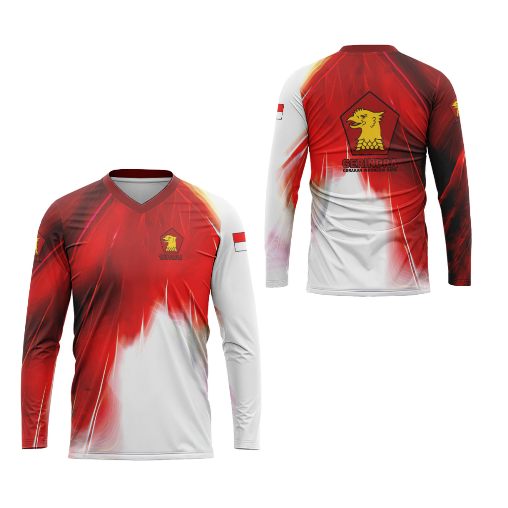 BajuArmy - Kaos Pria Lengan Panjang Partai Gerindra Full Print V-Neck