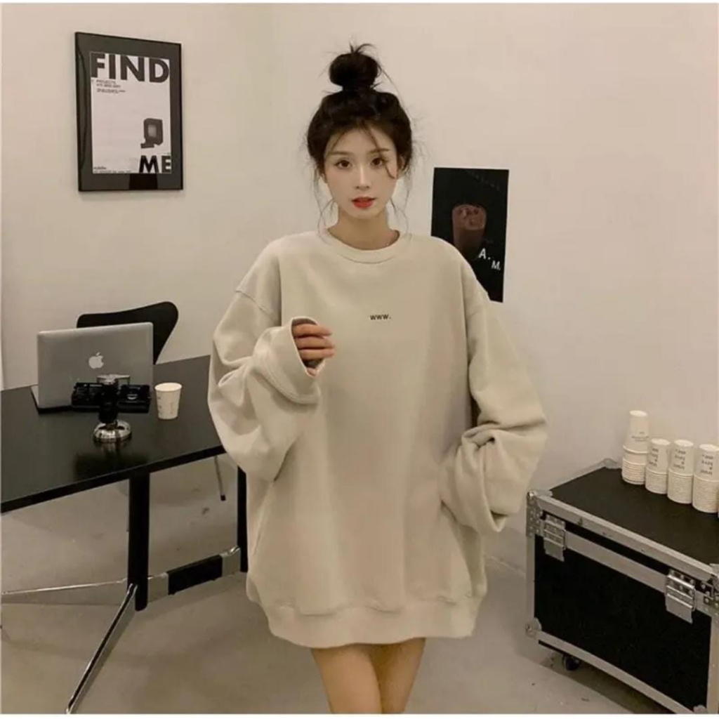 OVERSIZE WWW CREWNECK SWEATER WANITA MOTIF BORDIR ONE SIZE FIT XL / SWEATER WANITA TEBAL / SWEATER BORDIR