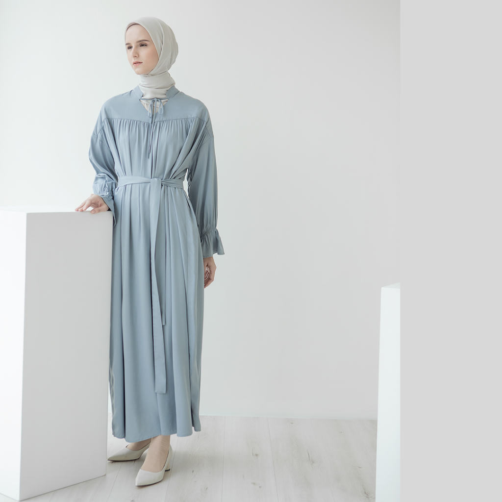 Mira by Aska Label - Gamis wanita Muslim dress wanita bahan rayon premium details kerut warna beige, dusty blue, dark blue navy, hitam black