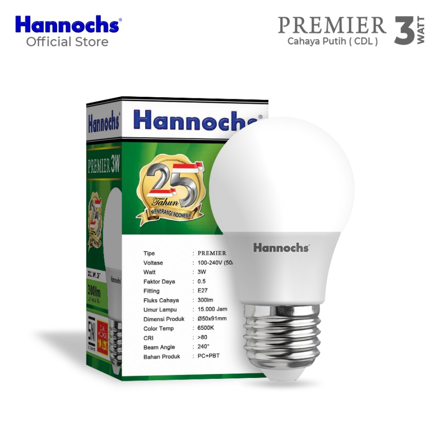 Lampu Bohlam Led 3 Watt Hannochs Premier Cahaya Putih