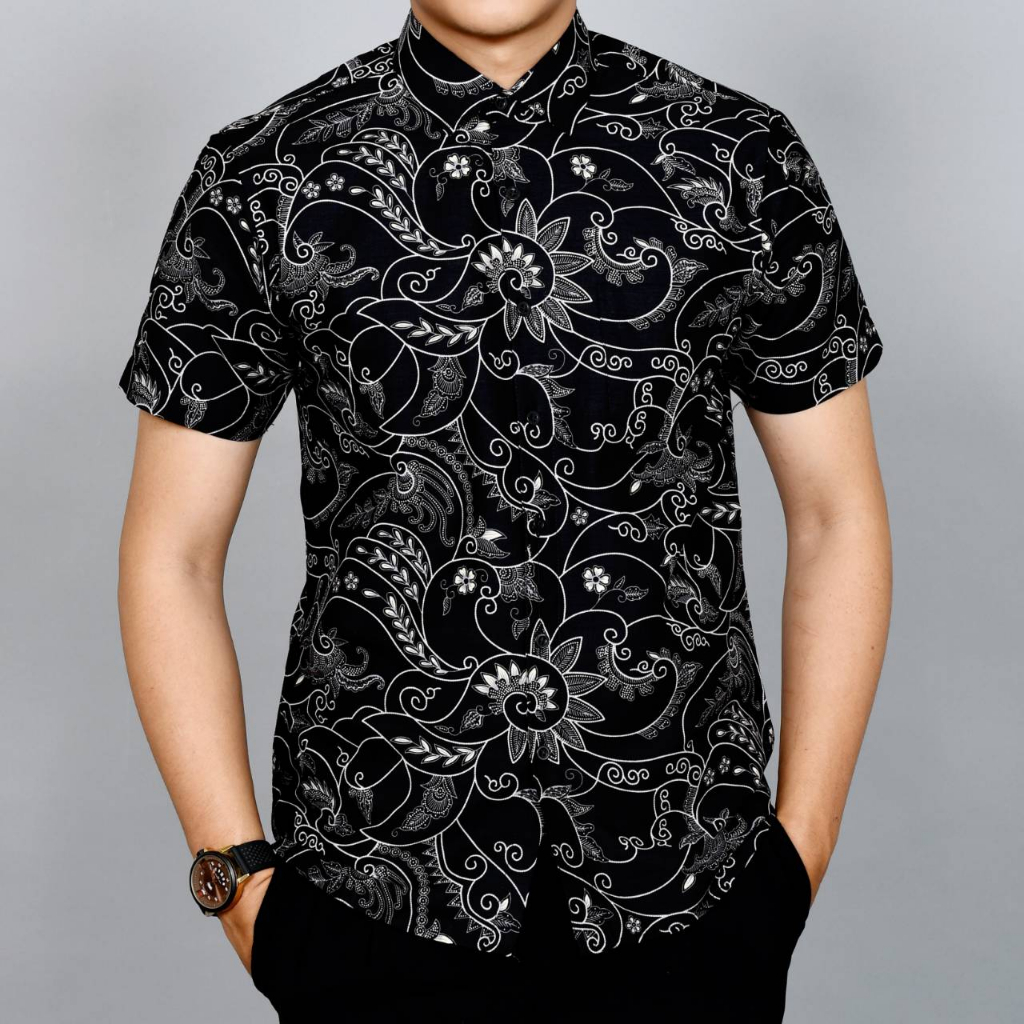 New Premium Baju Kemeja Batik Pria Slimfit Lengan Pendek 1928 Hitam