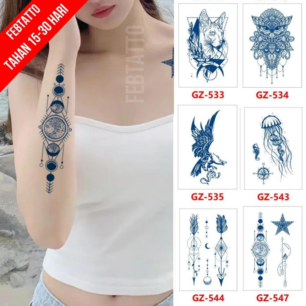 FRUIT INK Tato Semi Pemanent Tahan 1 Bulan Ukuran 11cmx18cm Tato Lengan Tato Dada Tato tangan Tato Kaki   Motif Aesthetic Tatto Temporary Stiker Tato Halal Grosir Tato air motif kucing, burung hantu, burung garuda , ubur ubur, panah, planet GZ 547