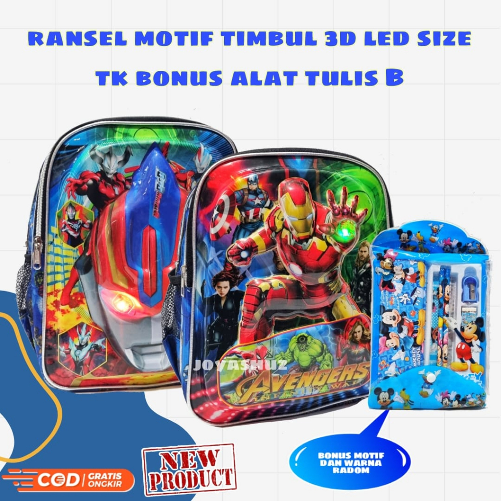 Tas Anak Sekolah Laki-Laki - Ransel Anak 3D LED - Tas Karakter Avangers - Ultraman - Tas Timbul Berbonus - Tas Banyak Bonus