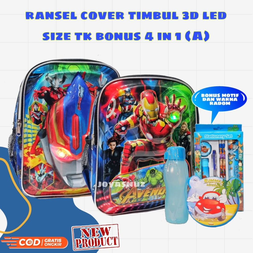 Tas Anak Sekolah Laki-Laki - Ransel Anak 3D LED - Tas Karakter Avangers - Ultraman - Tas Timbul Berbonus - Tas Banyak Bonus