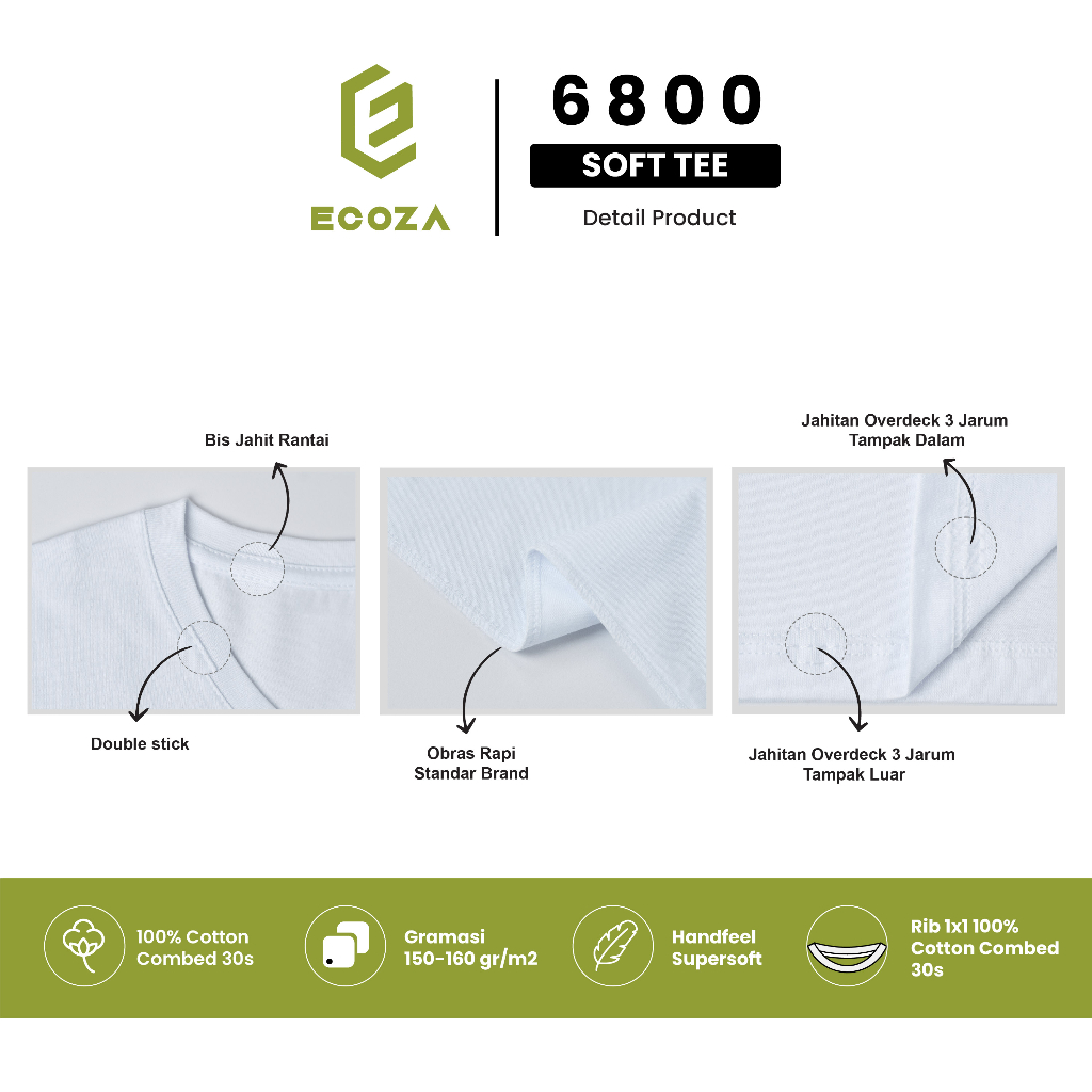 Kaos Polos ECOZA 6800 Combed 30s Soft Tee - WHITE / PUTIH - XS S M L XL