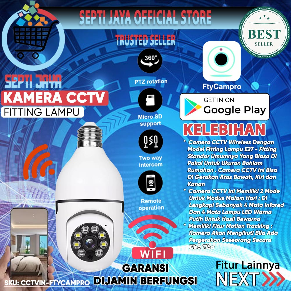 IP Camera CCTV Wifi Wireless 360 Panorama Model Fitting Lampu Bohlam Bulb E27 PTZ Kamera HD 1080P 36
