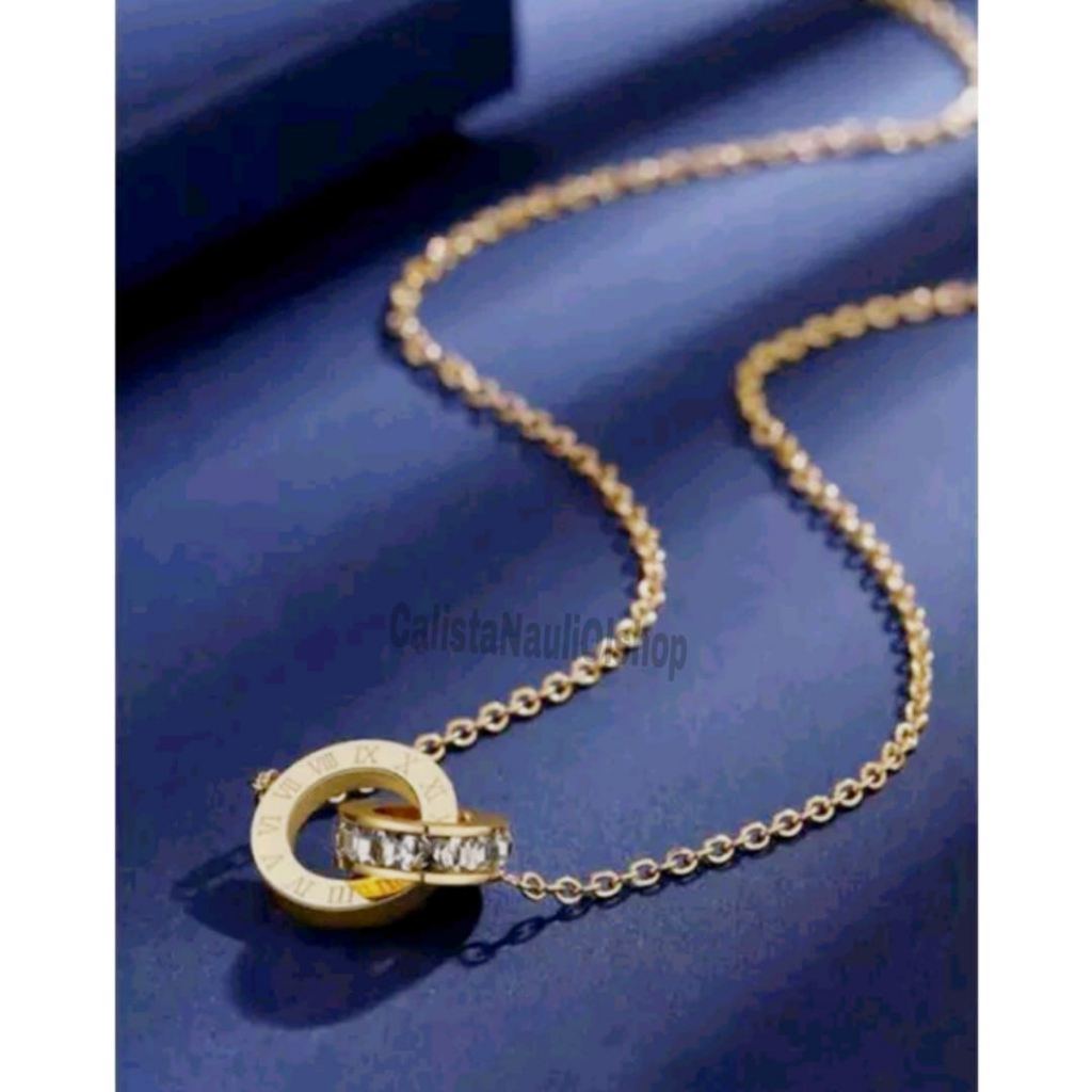Kalung  Titanium Ring Two Zircon Fashion Korea Anti Karat Dan Anti Luntur