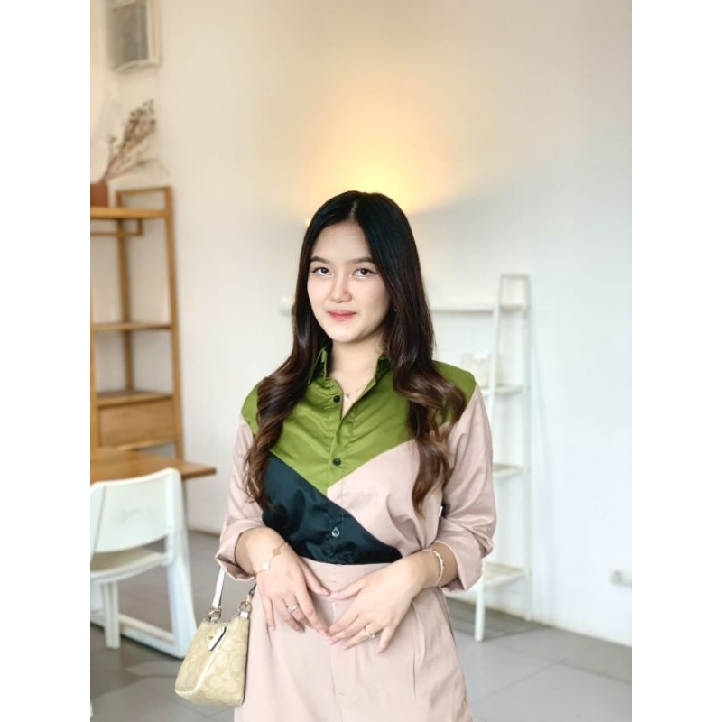 KEMEJA WANITA || AILEEN SHIRT ARMY || KEMEJA KOREA || KEMEJA KONTRAS WARNA || STYLE KOREAN LOOK