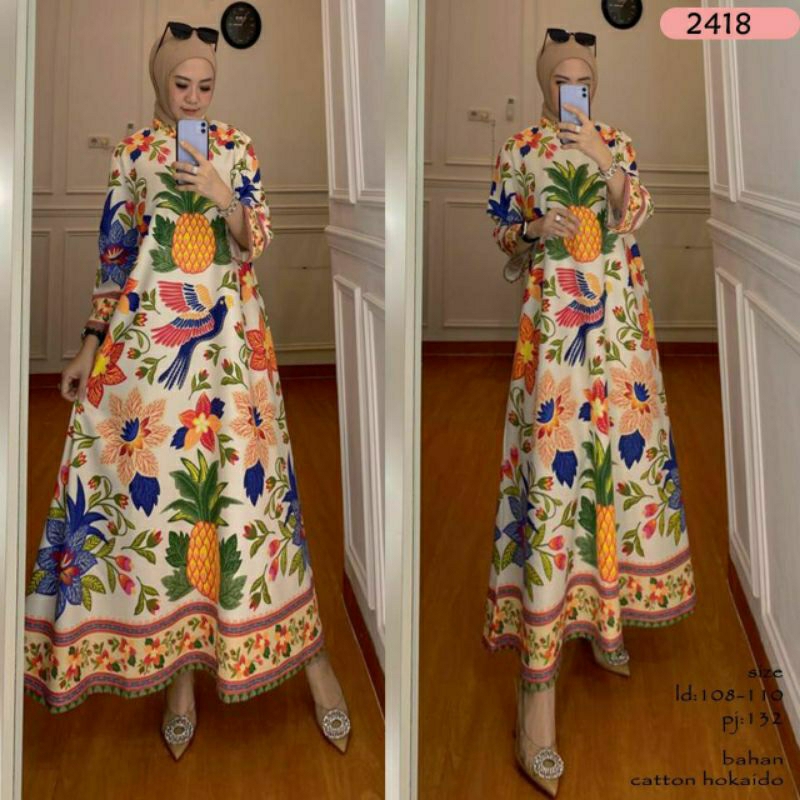 Pineapple Midi, MIDI DRESS WANITA MUSLIM CANTIK FIT XL LD 108 BAHAN KATUN HOKKAIDO PREMIUM TERMURAH OOTD KEKINIAN TERLARIS