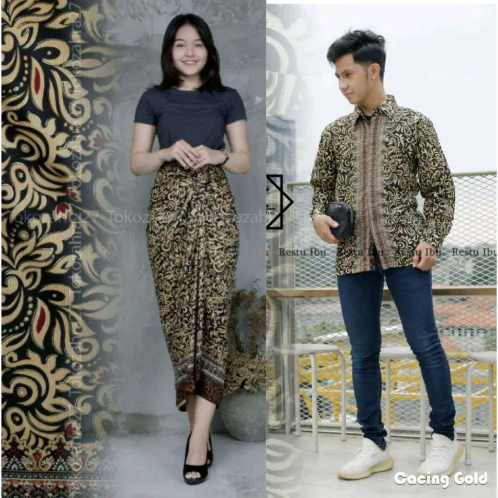 Couple Rok Lilit Wanita Dan Kemeja Lengan Panjang Pria Batik Bahan Premium Tebal Motif Cacing Gold