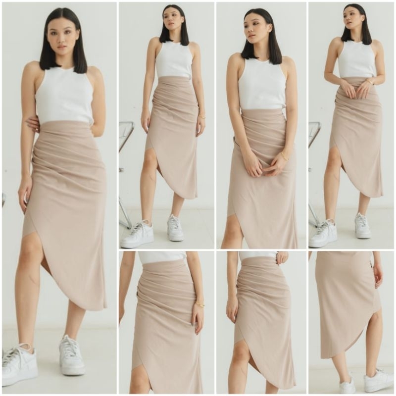 ❣️ SPECIAL PRICE ♡ PREMIUM ♡ ORIGINAL ! FREYA MIDI ASYMMETRIC TEXTURE B0ODYCON FRONT PLEATED  UNFINISHED SKIRT / ROK MIRING ASIMETRIS