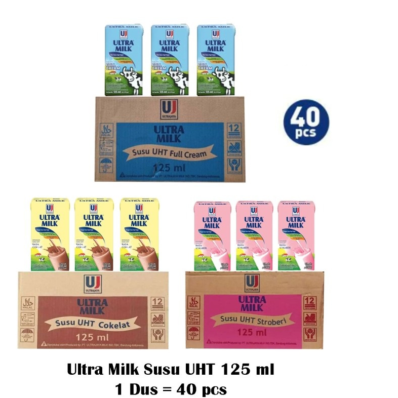 

Ultra Jaya ULTRA MILK Susu UHT (125ml x 40) - 1 Dus Rasa Full Cream Cokelat Stroberi