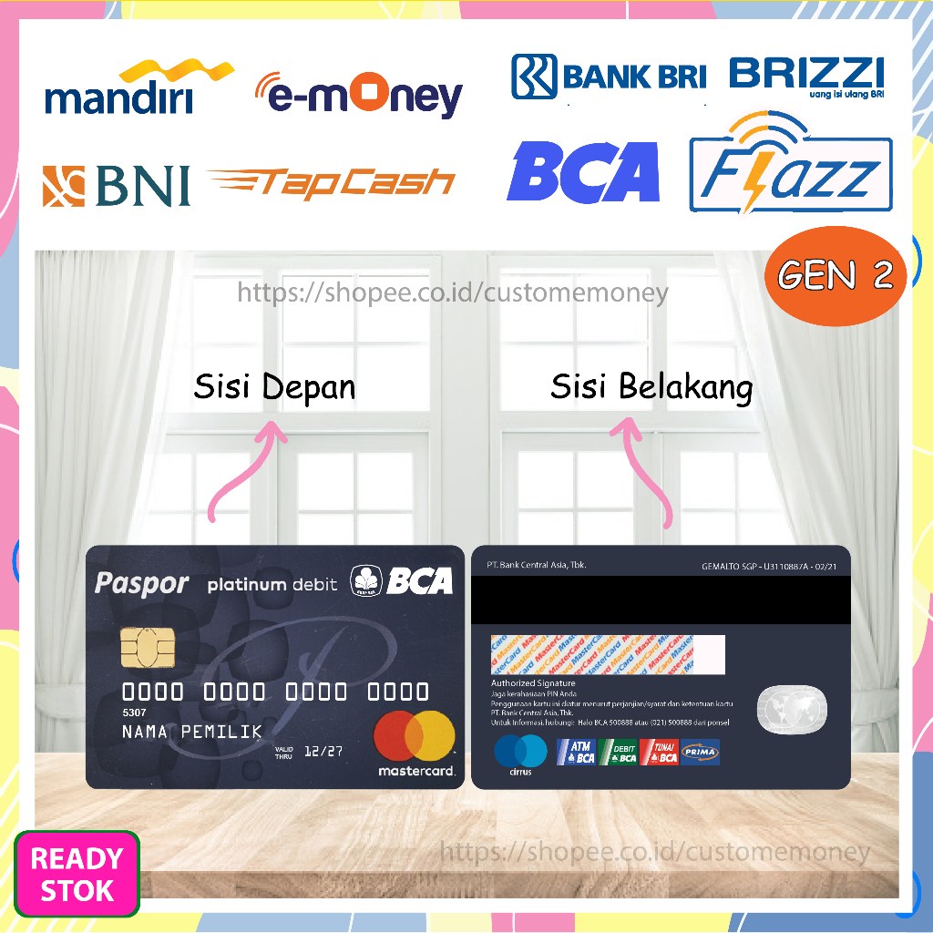 KARTU EMONEY DESIGN KARTU PLATINUM DEBIT BCA ETOLL E-MONEY MANDIRI FLAZZ GEN 2 TAPCASH BRIZZI 2 SISI