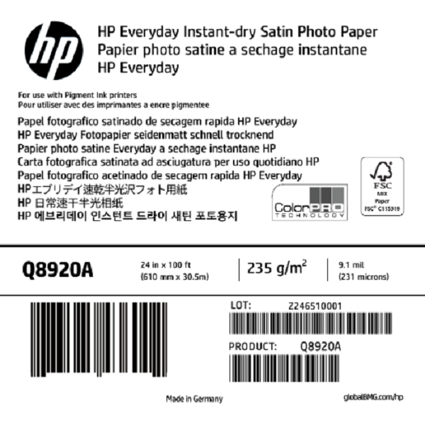 

HP Everyday Instant-dry Satin Photo Paper Q8920A 231Microns(9.1mil) 235g/m2 610mm x 30,5m