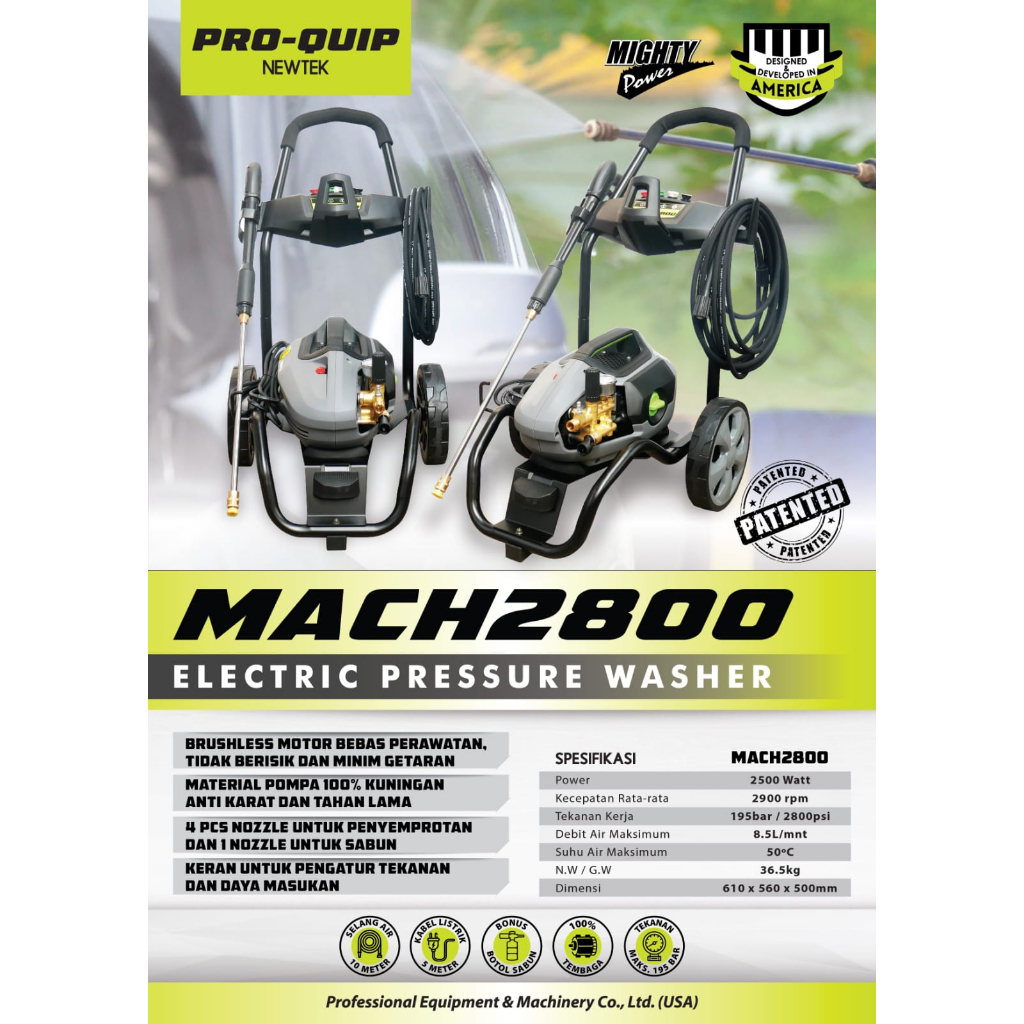 Jet Cleaner ELECTRIC PROQUIP MACH2800 / Mesin High Pressure Washer MACH 2800 - Mesin Steam Cuci Motor Mobil  LISTRIK MACH-2800 PROQUIP