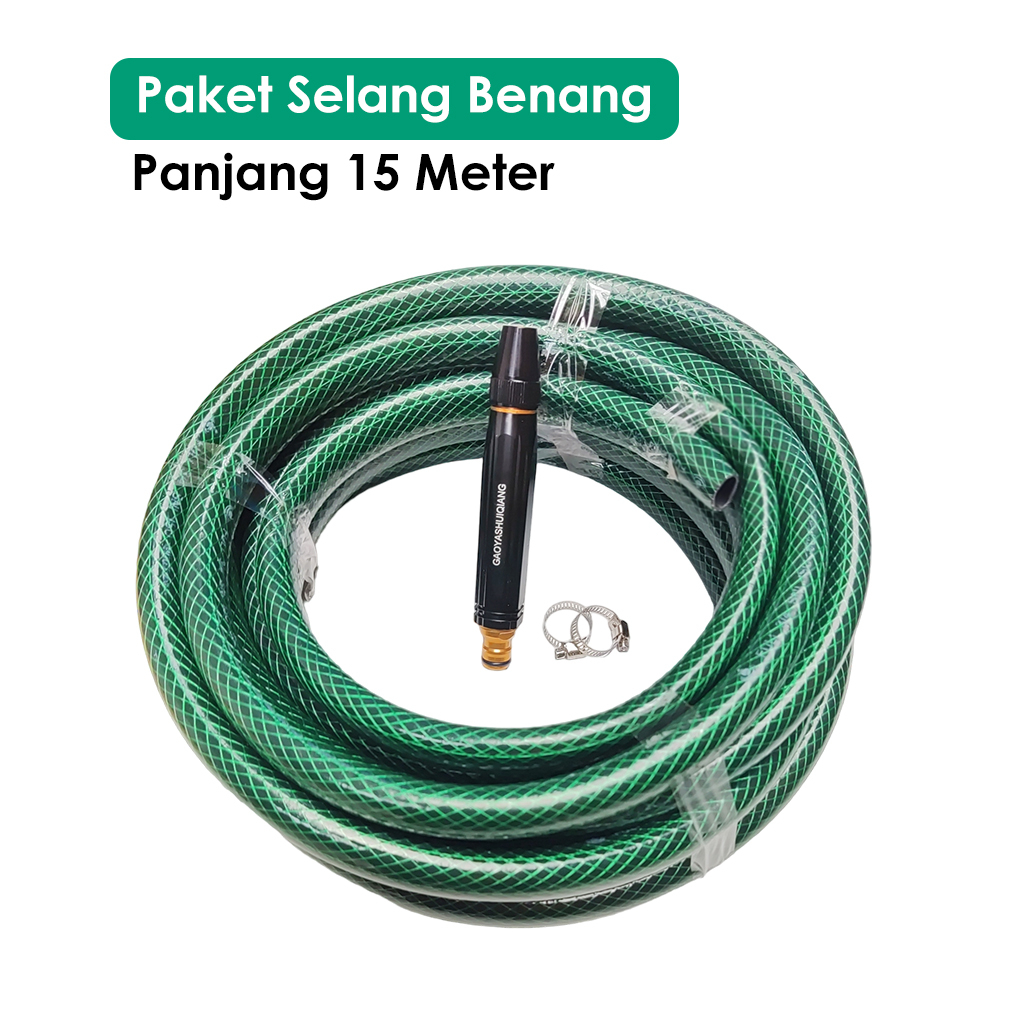 Alat Cuci Motor Set Selang Panjang 15 Meter 5/8&quot; Semprotan Upgrade Kuningan - Selang Semprotan Air Kuningan Cuci Motor Mobil - Paket Selang 5/8 Inch Set Alat Cuci Motor Selang Air Serat Benang Hijau Semprotan Air Kuningan Ukuran 5/8 Inchi