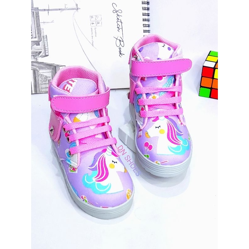 Sepatu Anak Perempuan Boots Anak Perempuan Sepatu Boot anak Sepatu Tali Anak Karakter Unicorn Ungu Cute
