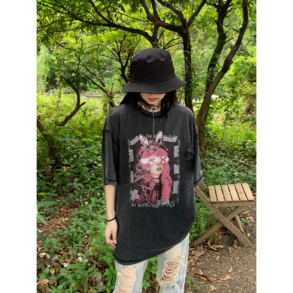 EUNII T-shirt Lengan Pendek Black Washed Retro Pink Bunny Printing Korean Style/Kaos Atasan Wanita/Baju Wanita/Kaos Wanita