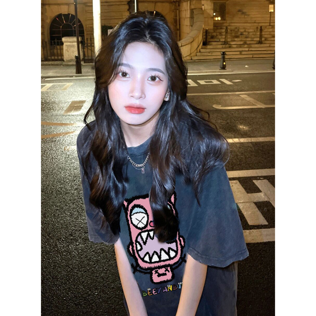 EUNII T-shirt Lengan Pendek Black Washed Cartoon Pink Monster Printing Korean Style/Kaos Atasan Wanita/Baju Wanita/Kaos Wanita