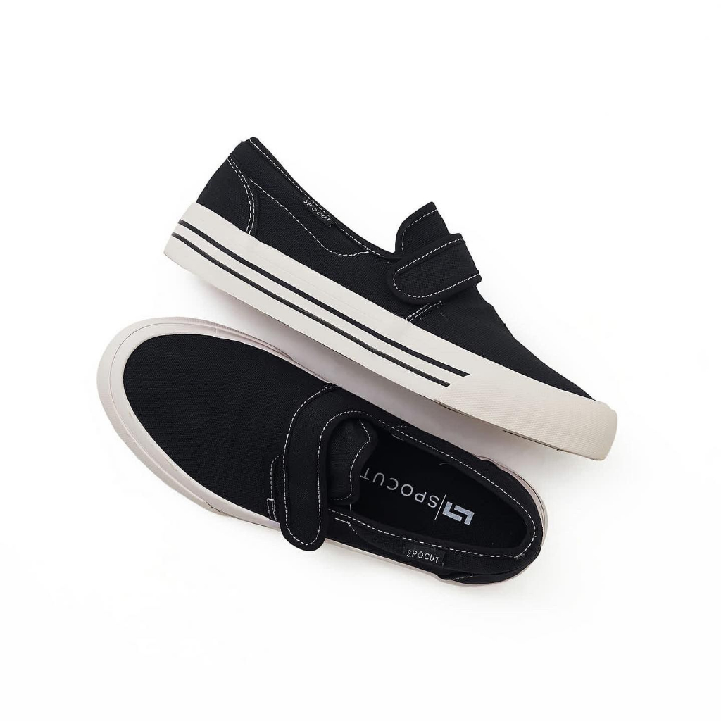 Sepatu SPOCUT Black White Slip On DX Velcro