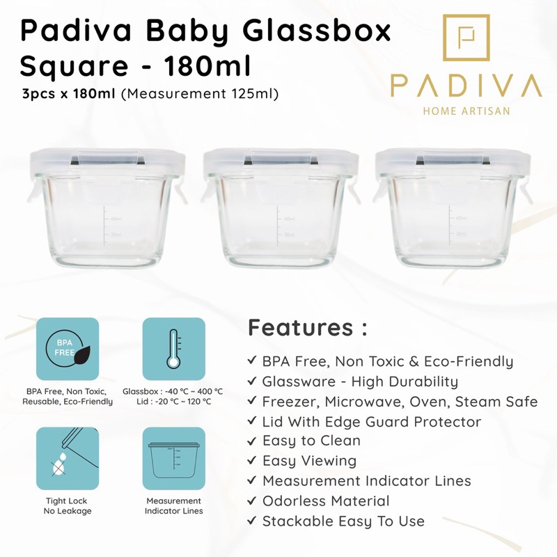 Padiva Baby Glassbox Square 180 ml &amp; Round 130 ml (3pcs) Baby Glass Food Container Wadah Mpasi Bayi Kaca