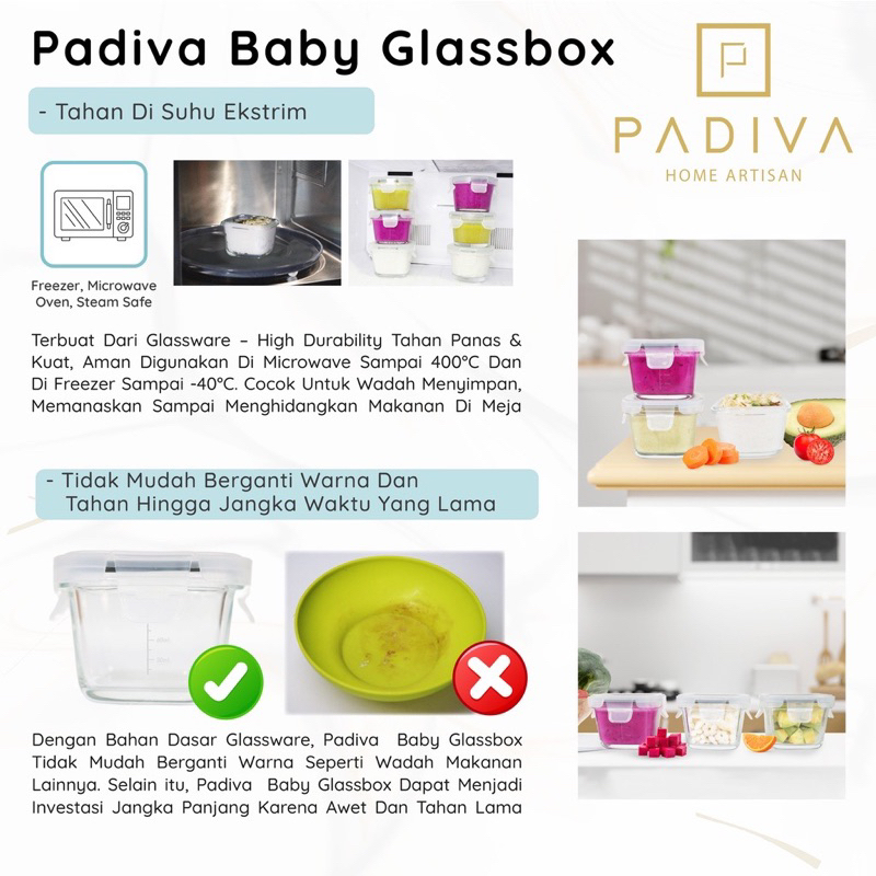 Padiva Baby Glassbox Square 180 ml &amp; Round 130 ml (3pcs) Baby Glass Food Container Wadah Mpasi Bayi Kaca