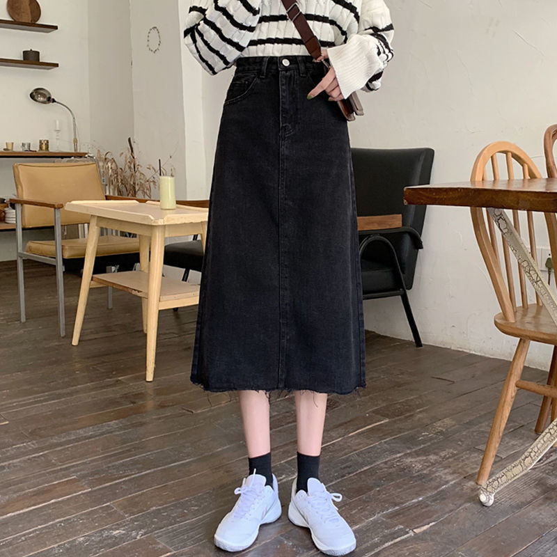 New Rok Jeans Hitam Highwaist Kasual Rok A-Line Denim Kekinian