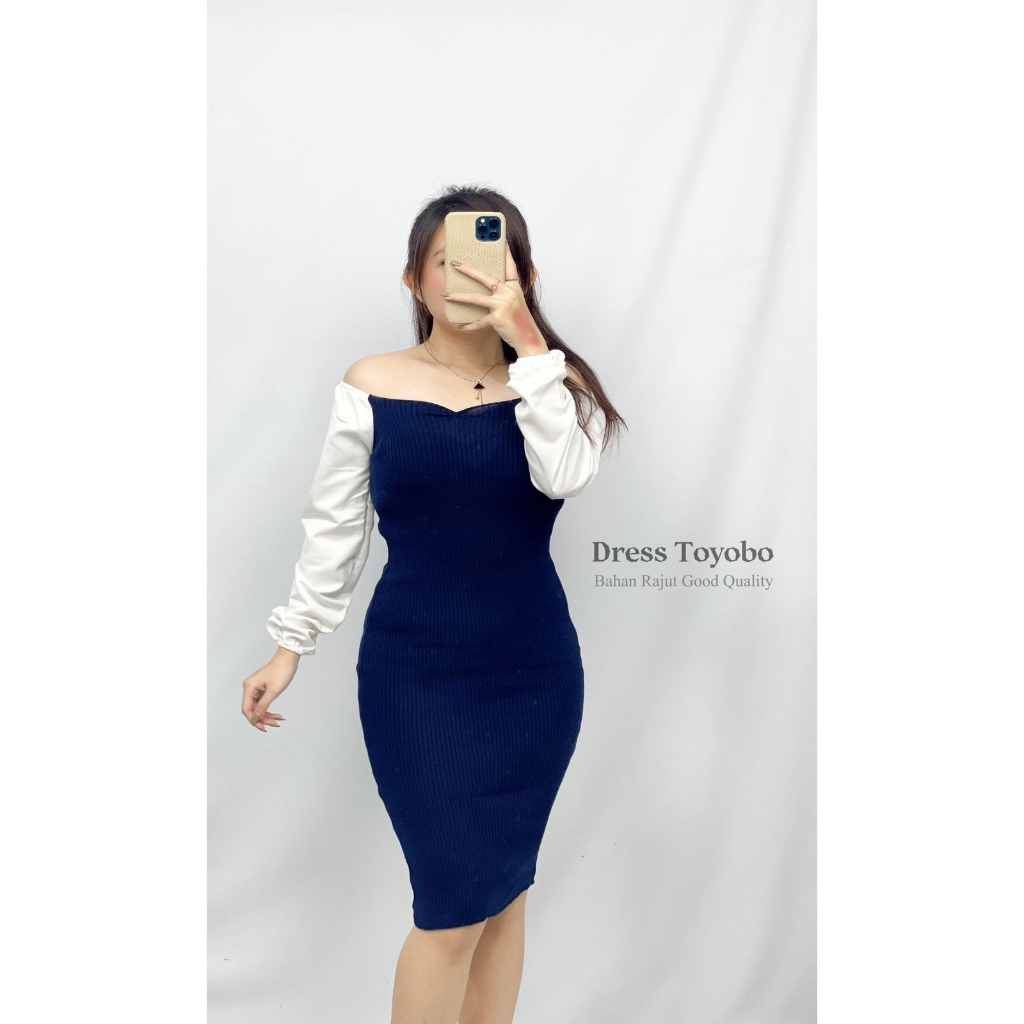 Toply shop Mini Dres bodycon lengan putih  Dres rajut knit