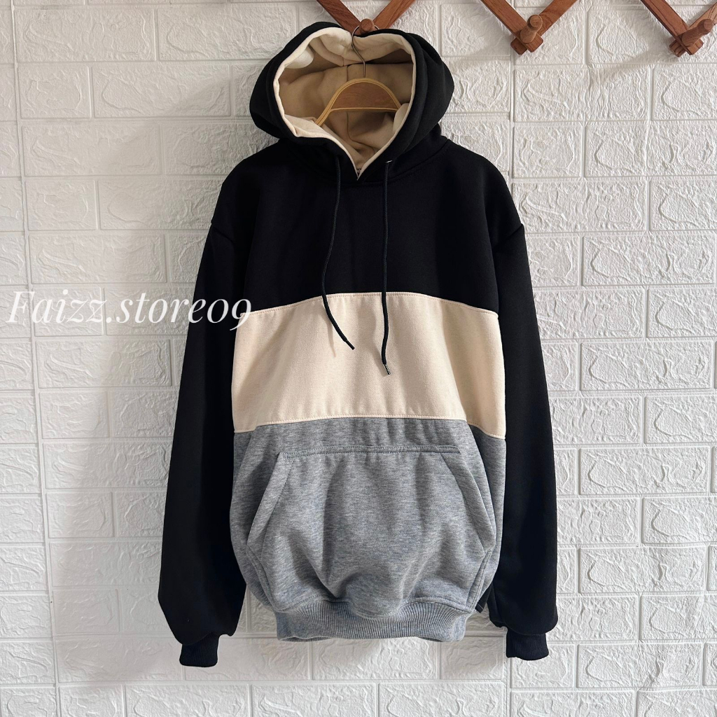 SWEATER HOODI POLOS COMBINASI TIGA WARNA BAHAN FLACEE TEBAL