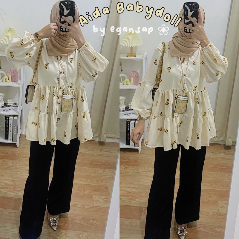 Aida Blouse BabyDoll | Kemeja Lengan Balon Flower Bunga