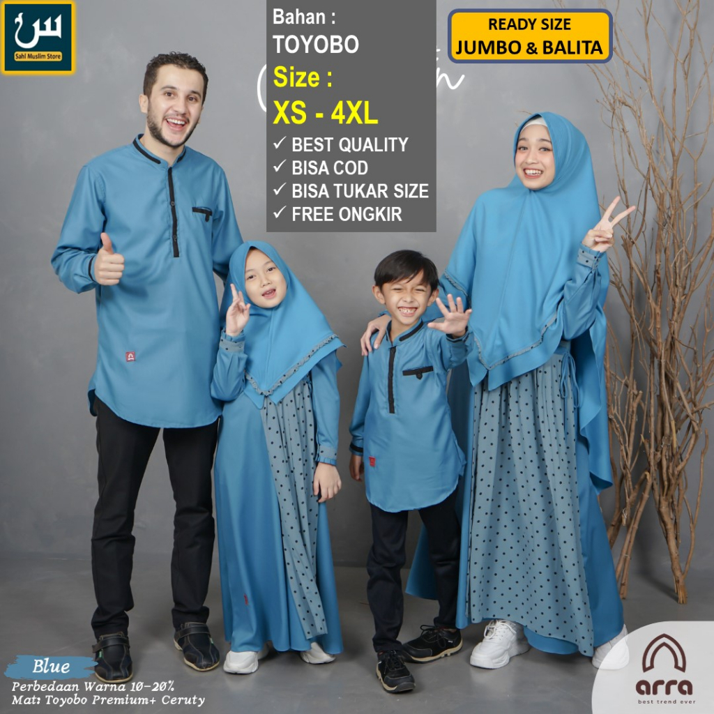 Baju Gamis Koko Couple Sarimbit Seragam Ayah Ibu Anak Keluarga Muslim Original Arra Ayman Warna Biru Blue