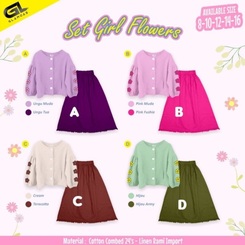 SETELAN BAJU ANAK PEREMPUAN SET GIRL FLOWER LINEN RAMI BY GLAMOAS
