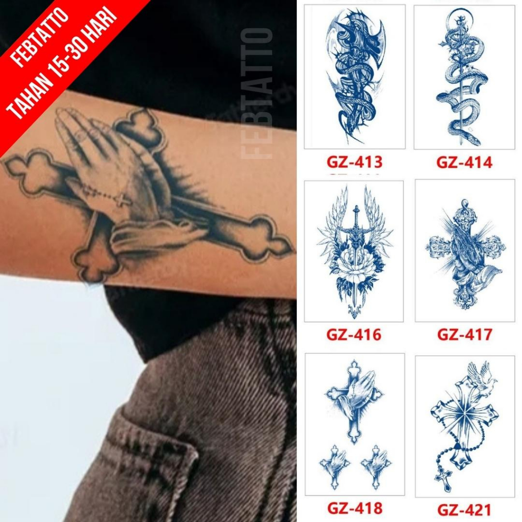 FRUIT INK Tato Semi Pemanent Tahan 1 Bulan Ukuran 11cmx18cmTato Lengan Tato Dada Tato tangan Tato Kaki Tato Punggung Tato Jari  Motif Aesthetic Tatto Temporary Stiker Tato Halal Grosir Tato air motif salib, sayap, bunga, ular GZ 418