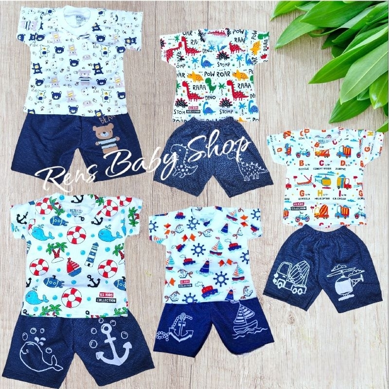 BANYAK MOTIF - SNI halus KS Setelan baju katun celana jeans anak bayi laki-laki cowok dinosaurus kapal helikopter mobil