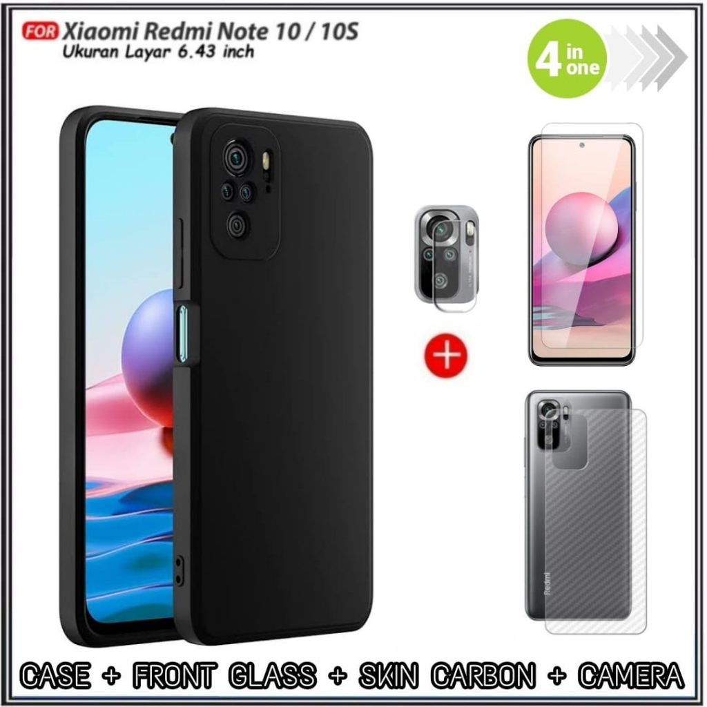 Paket 4in1 Soft Case Xiaomi Redmi Note 10  Note 10S Casing Cover+Tempered Glass