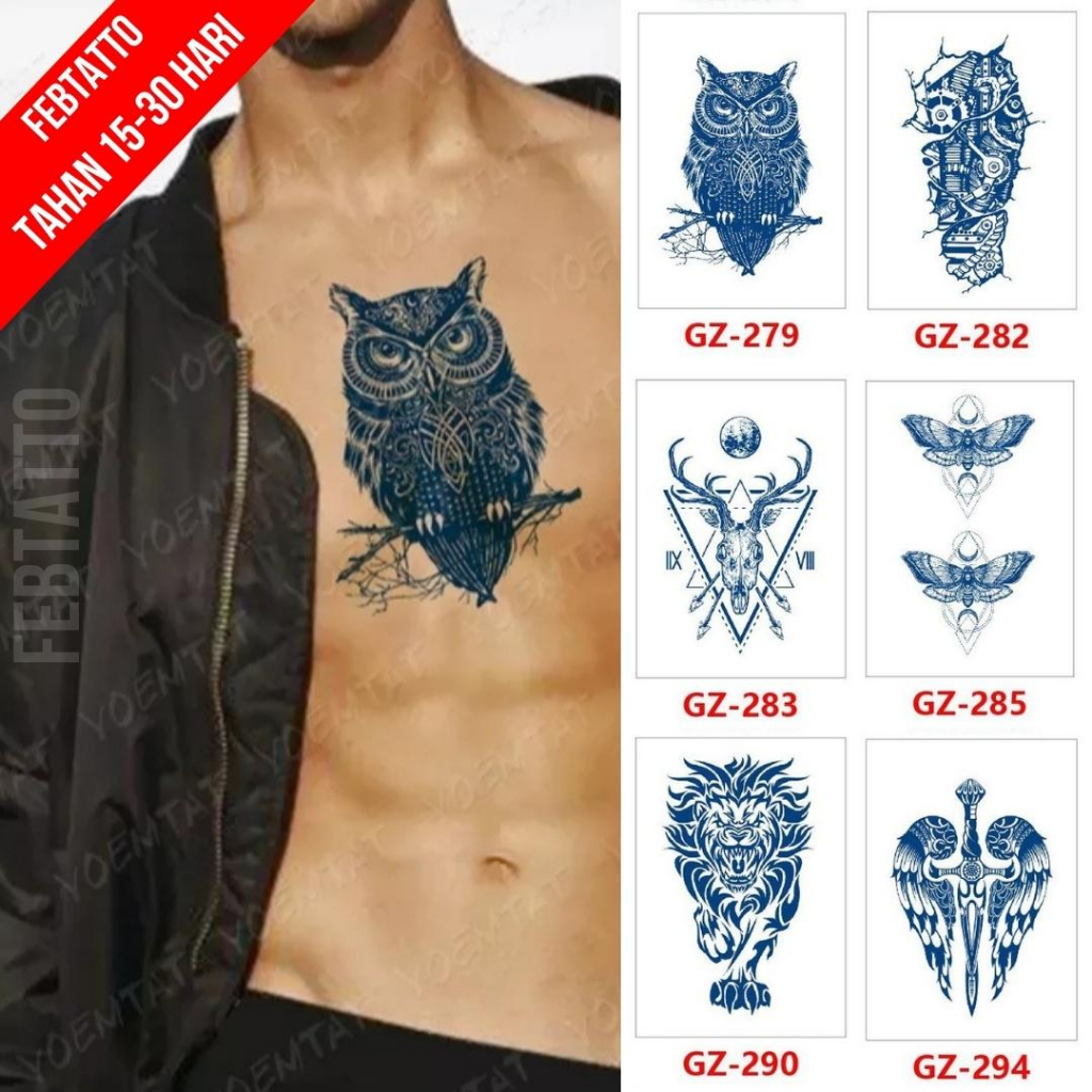 Tato Semi Pemanent Tahan 1 Bulan Ukuran 11cmx18cmTato Lengan Tato Dada Tato tangan Tato Kaki Tato Punggung Motif Aesthetic Tatto Temporary Stiker Tato Halal Grosir Tato air motif burung hantu, tribal robot, kepala rusa, kupu kupu, macan, sayap GZ 279