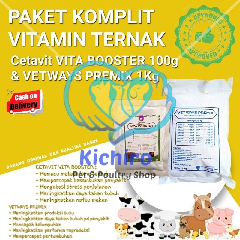 Paket Komplit Vitamin Ternak isi Vetways Premix 1 Kg & Vita Booster 100 gram / Mineral Hitam 1 Kg & 