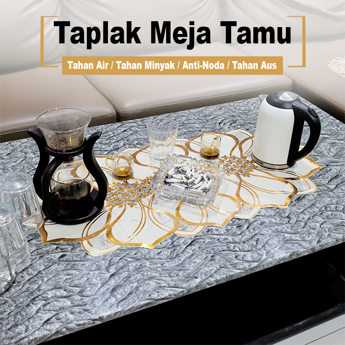 Taplak Meja Tamu Oval Gold Motif Anti Air Ukuran 40x85cm Bahan PVC Tebal Premium Perlengkapan Dekorasi Ruang Tamu Rumah Tangga Import - D2-T -88Blanketstore