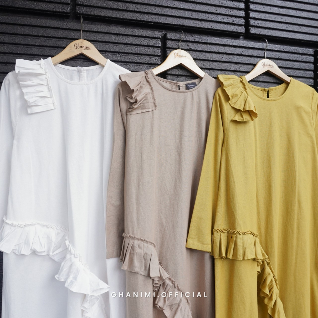 Ghanimi - Inaya Dress / Gamis Linen Ruffle Polos / gamis panjang / gamis terbaru / dress kondangan / gamis kondangan / gamis katun